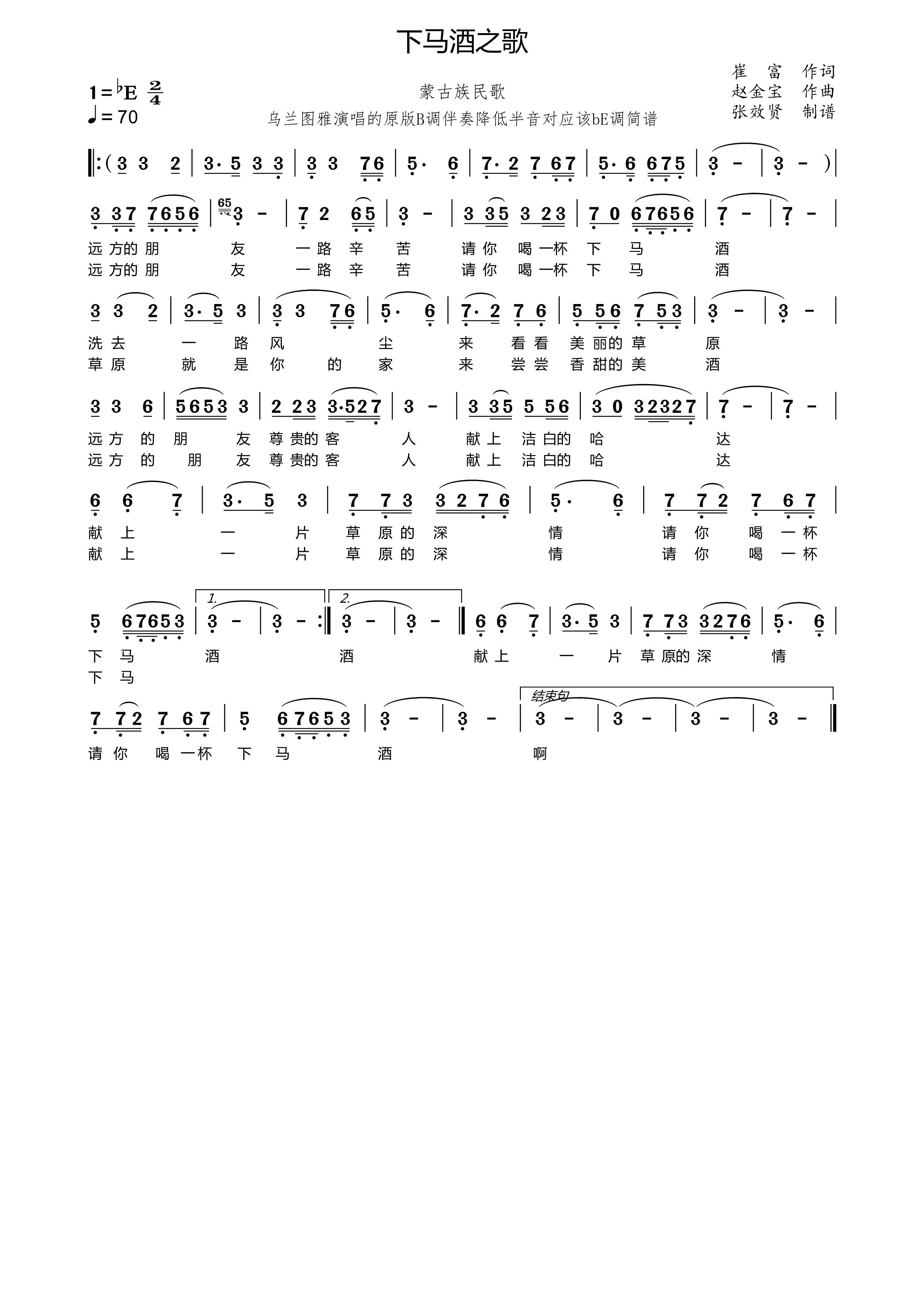 薩克斯下馬酒之歌簡(jiǎn)譜