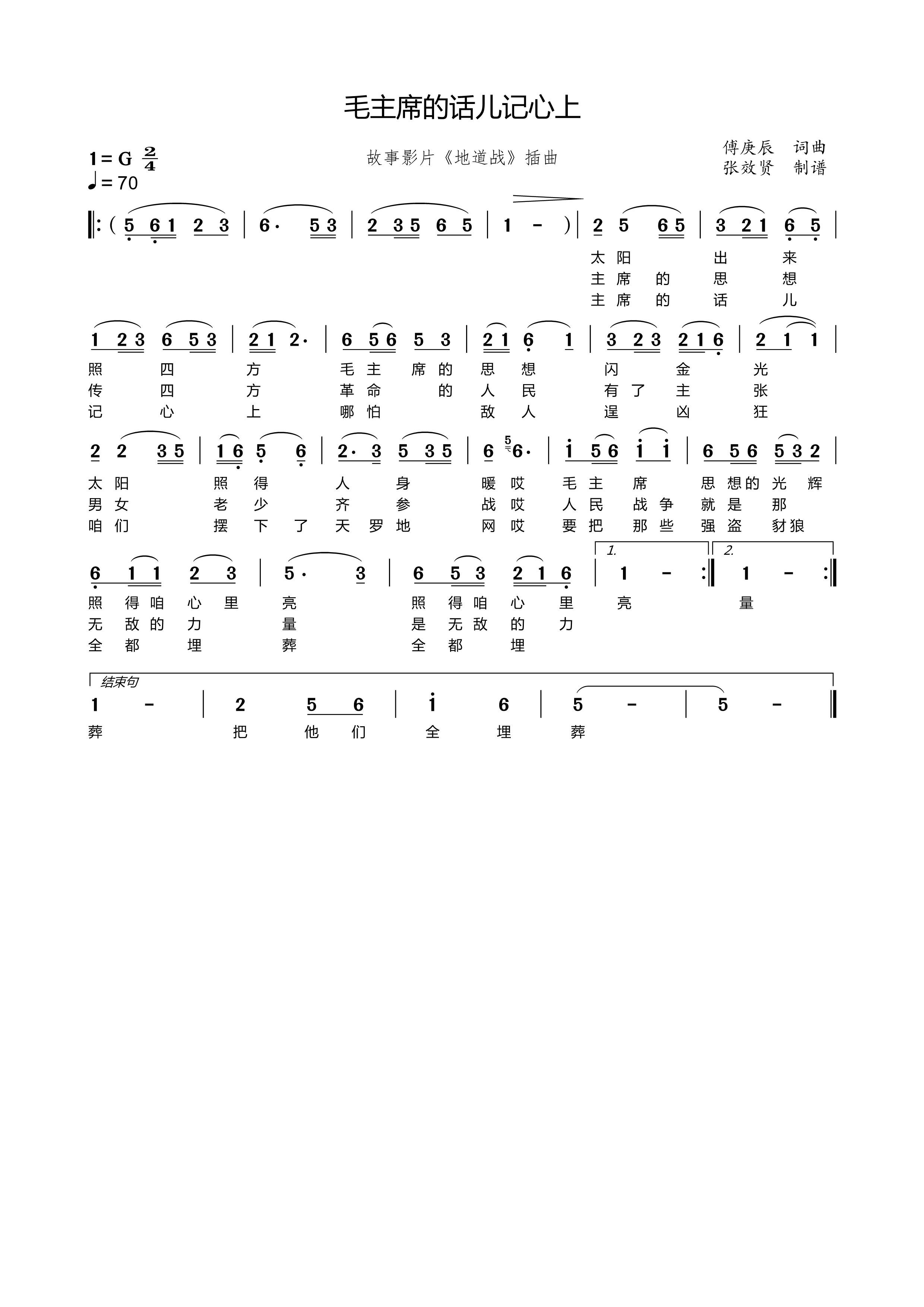 薩克斯 毛主席的話兒記心上 G調簡譜
