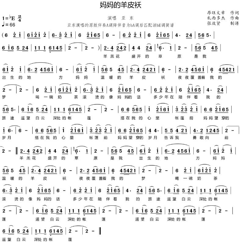 薩克斯譜 媽媽的羊皮襖 降E調簡譜