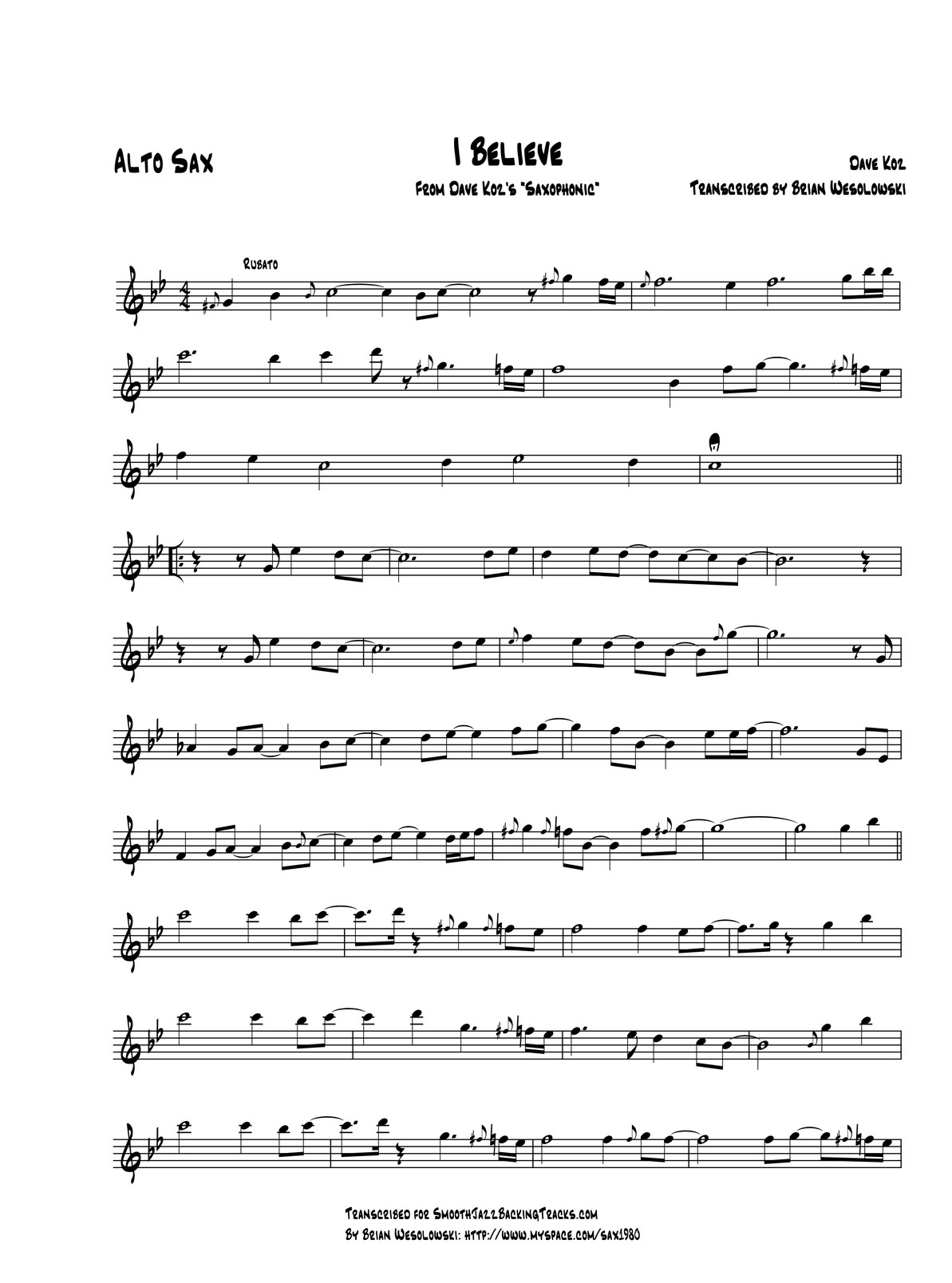 午夜的薩克斯 五線譜（降E調）